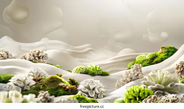 Abstract White Coral and Green Moss on a Beige Sand Background