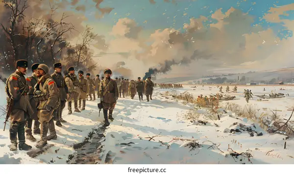 Russian soldiers on the snowy field during World War I