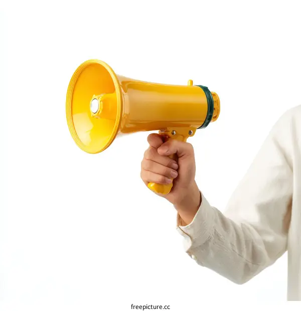 Hand Holding a Yellow Megaphone Against a White Background