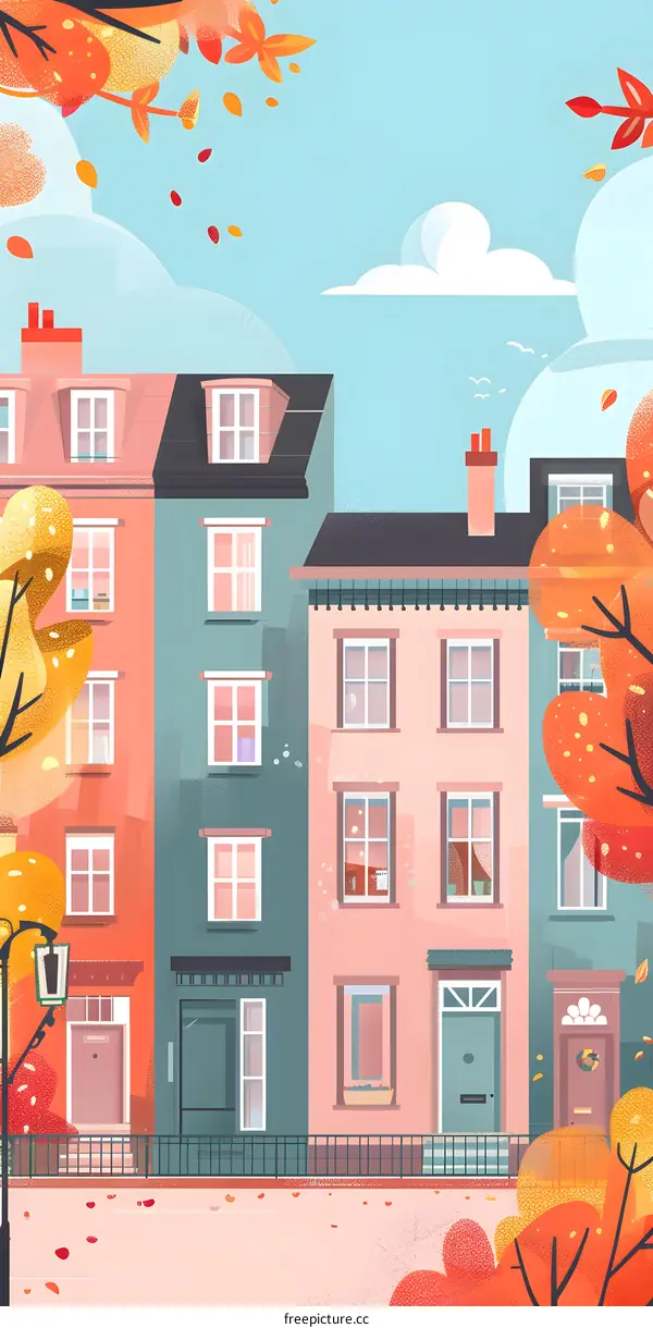Autumn Illustration of Colorful Houses and Trees