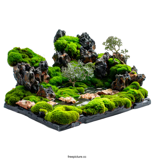 [Transparent Background PNG]Green Miniature Moss Garden With Rocks and Small Trees