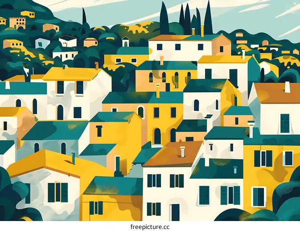 Colorful Illustration of Houses and Buildings on a Hillside