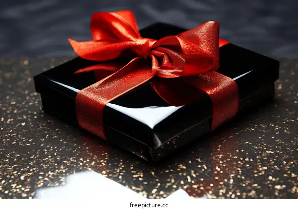 Black gift box with red ribbon