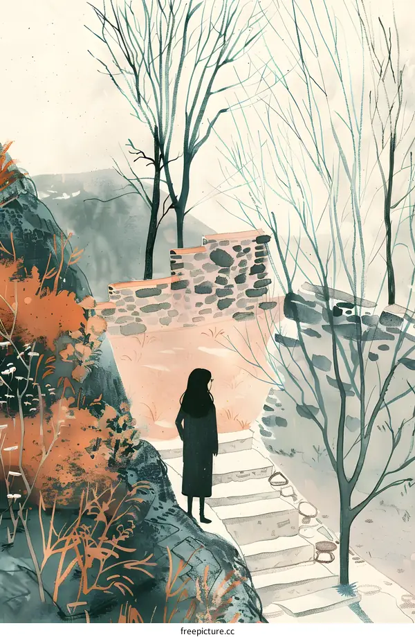 Woman Standing On Stone Stairs With Bare Trees In The Background