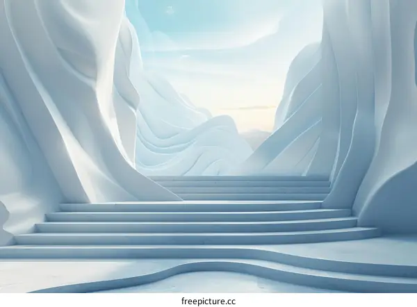 Futuristic white marble podium with steps in surreal abstract landscape
