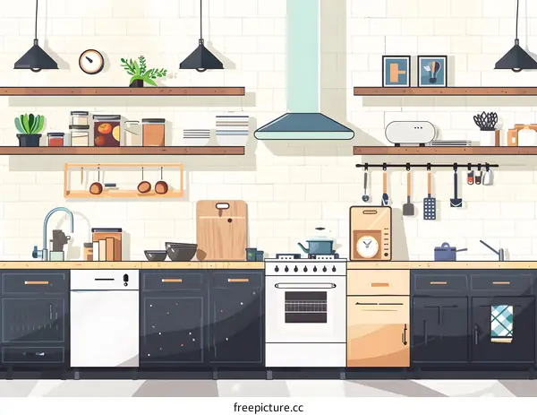 Modern Kitchen Interior Design With White Brick Wall And Wooden Shelves