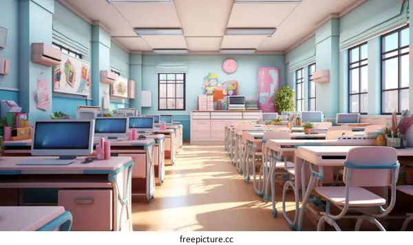 Classroom with pastel color theme and pink accents