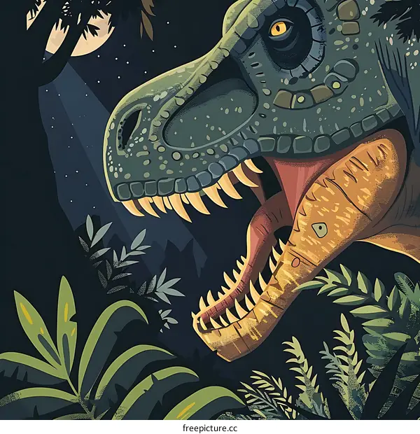 Tyrannosaurus Rex Dinosaur Roaring in Jungle at Night