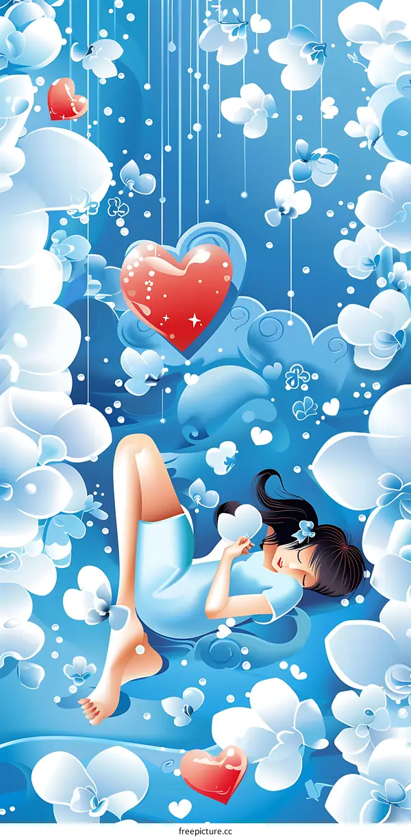 Sleeping Girl in a Sea of Hearts and Flowers