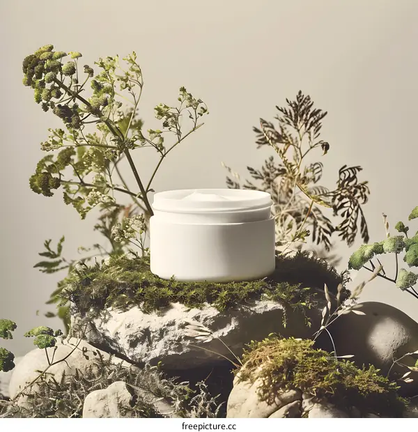 Natural Beauty Cream Jar On Rocks With Moss And Plants