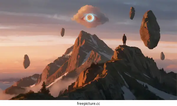 Floating Stones and Mysterious Eye Over Mountain Peak at Sunset