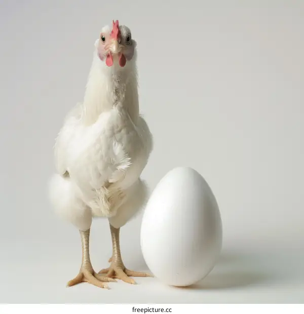 A white hen standing next to a white egg