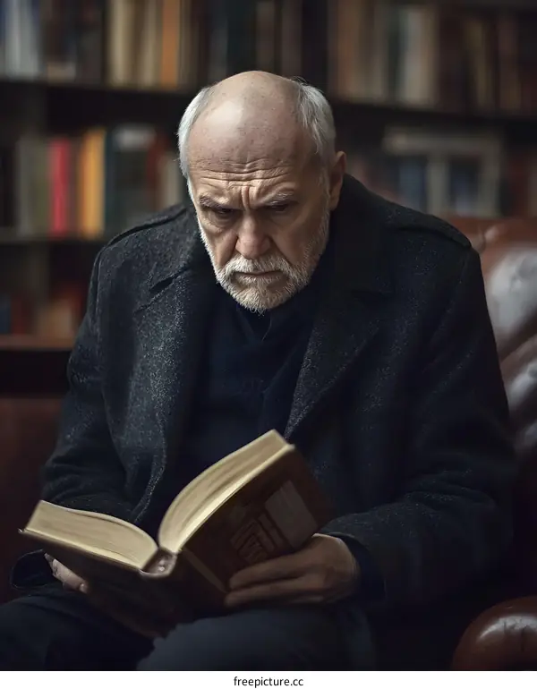 Serious Senior Man Reading Book in Library