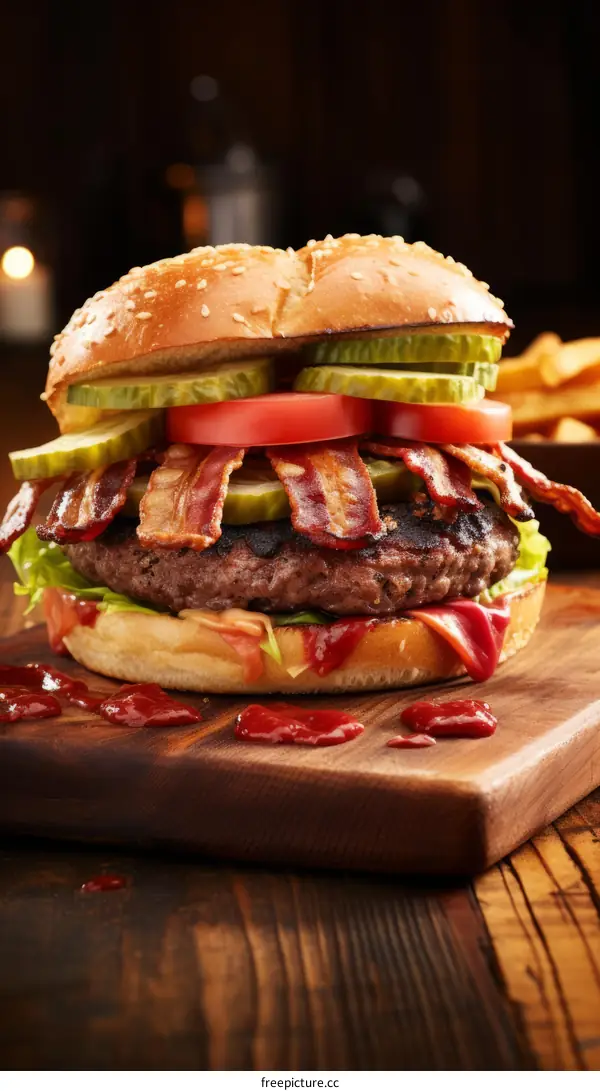 yummy juicy beef burger with bacon tomato pickle and lettuce