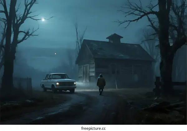 A lone figure walks toward an old wooden house under a misty moonlit sky