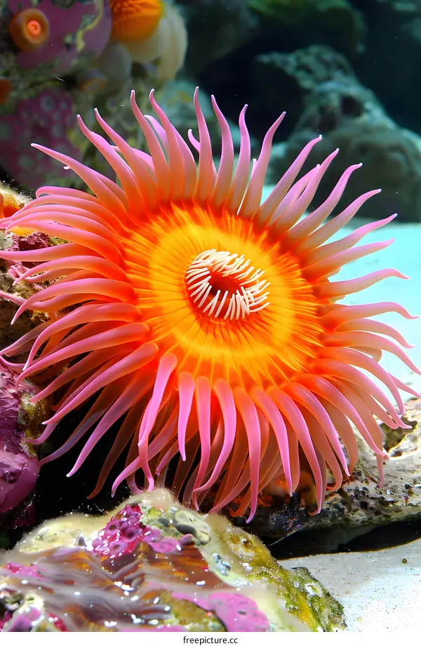 A beautiful sea anemone with pink tentacles and an orange center