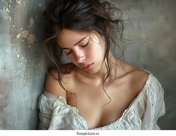 Young Woman in White Dress with Eyes Closed