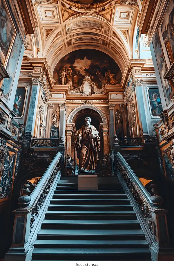 Grand Staircase and Statue in Ornate Interior