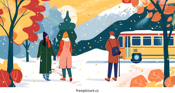 Winter Scene with People and a Tram