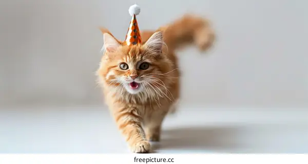 A ginger cat wearing a birthday hat