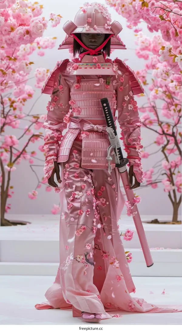 Black model wearing pink samurai armor and cherry blossoms