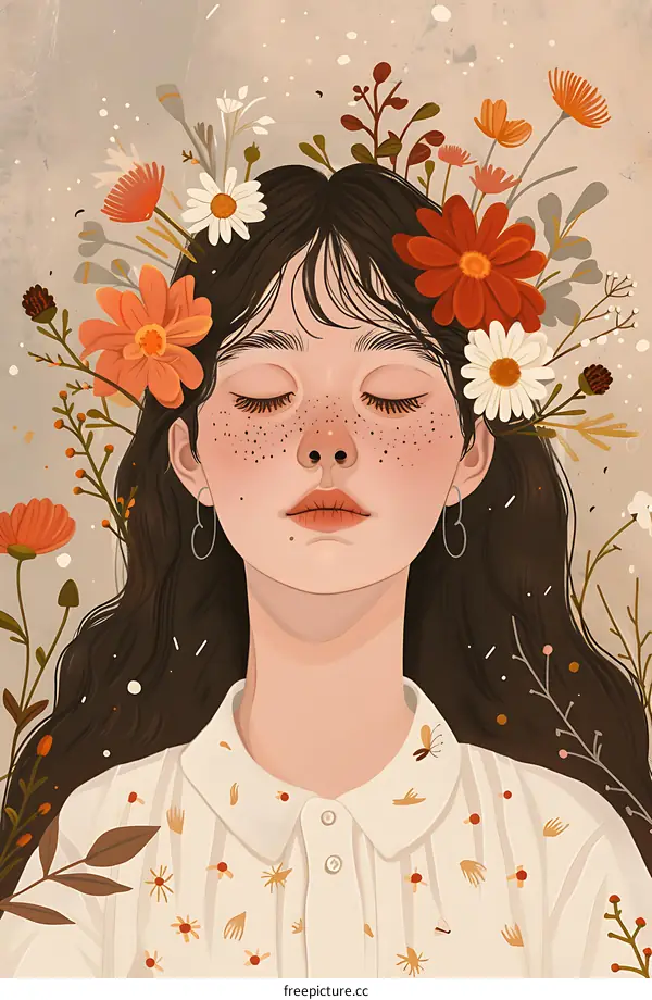 Girl with Flowers in Hair Illustration