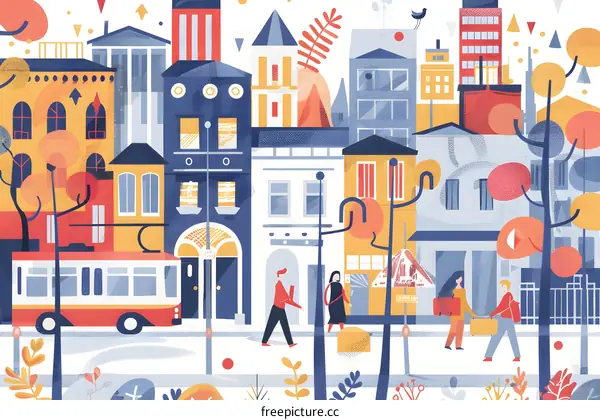Colorful Cityscape Illustration with People Walking on Sidewalk