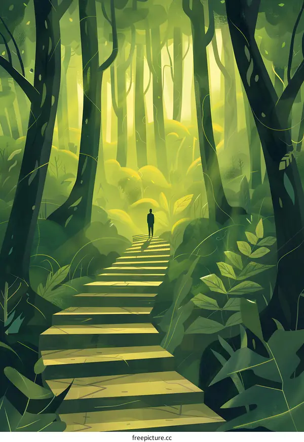 Green Forest Pathway with a Person Standing on Stairs