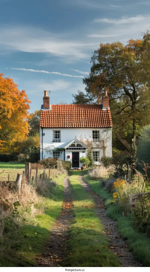 Small white cottage in the countryside surrounded by trees with autumn leaves
