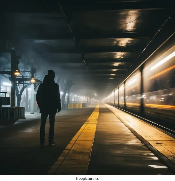 Man in a black hoodie standing on a foggy train platform at night