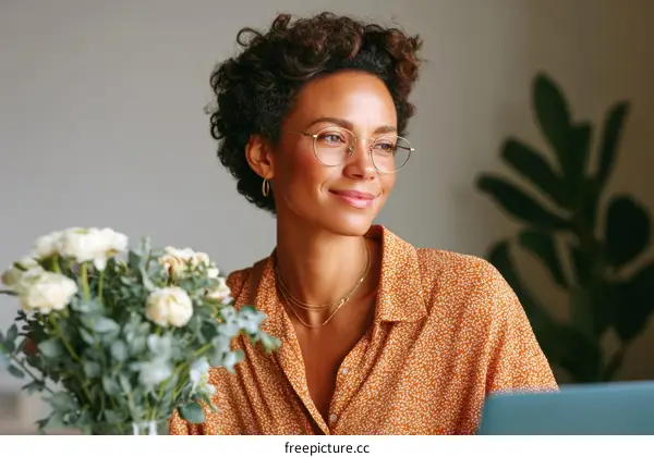 Thoughtful Woman with Flowers and Glasses