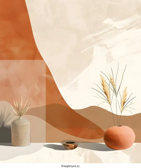 Abstract Wall Art with Minimalist Vases and Dried Flowers