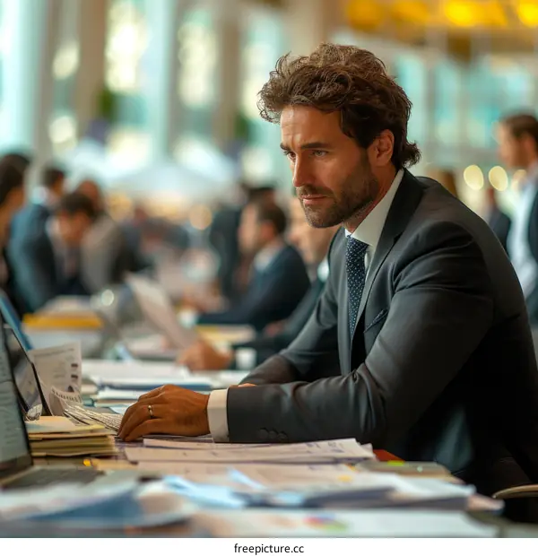 Businessman working on laptop in busy office