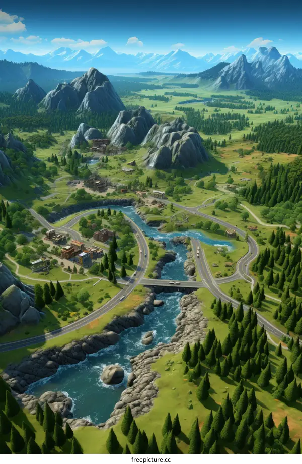 A Thriving Valley Town with a River and Mountainous Terrain