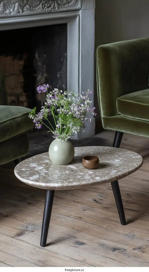 Oval Coffee Table with Green Velvet Sofa