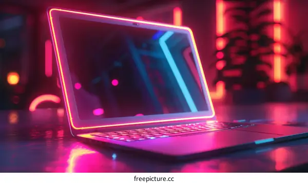 Laptop in a dark room with neon lights