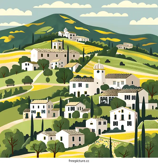 Village on a Hillside With Houses