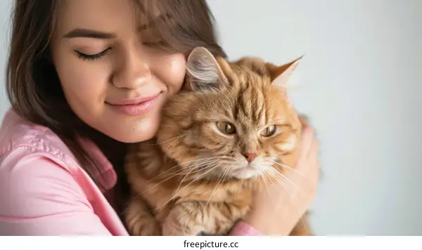 A ginger cat is being held by a young woman