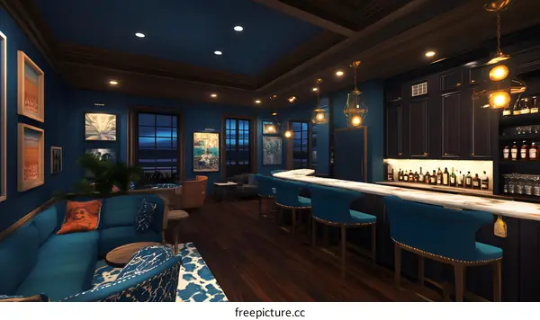 Modern Blue Bar Interior Design With Gold Accents