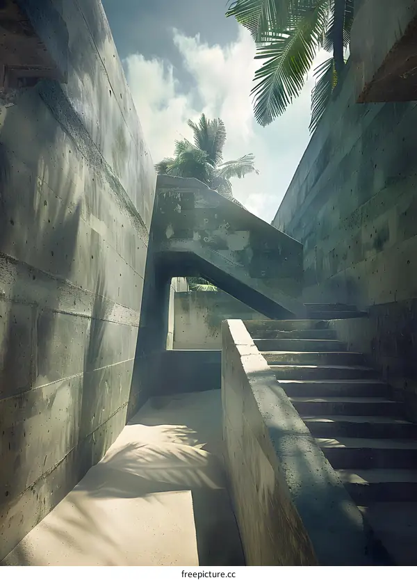Concrete Stairway Leading Up To Palm Trees