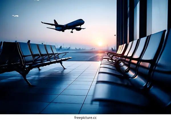Airport Waiting Area at Sunrise with Airplane Taking Off