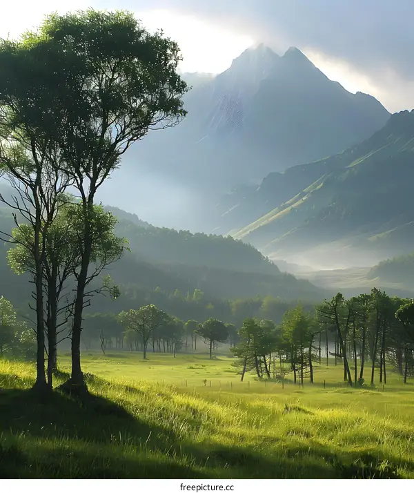 Green Mountain Valley Landscape with Trees and Fog