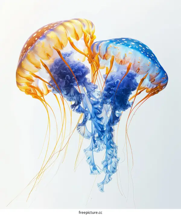 Two jellyfish with blue and orange tentacles