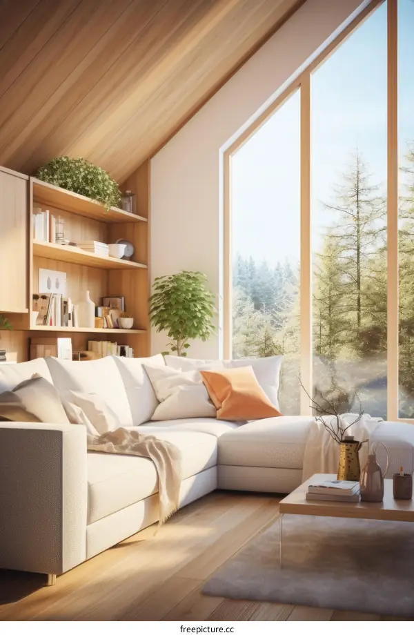 Cozy Living Room with Snowy Forest View