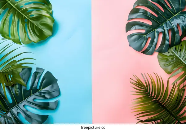 Tropical Leaves on Blue and Pink Background