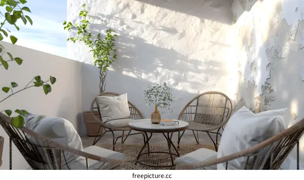 Modern Patio Design with Wicker Chairs and White Pillows