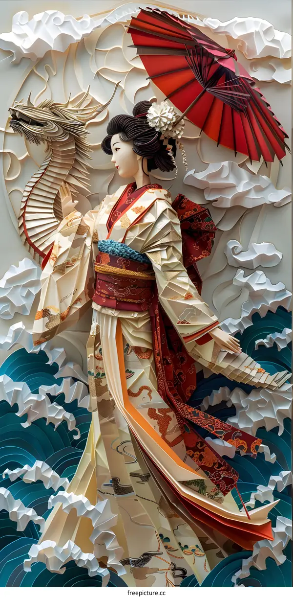 Japanese Woman In Kimono With Dragon And Waves Paper Art