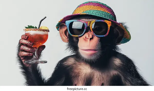 Chimpanzee with Cocktail in Sunglasses and Hat