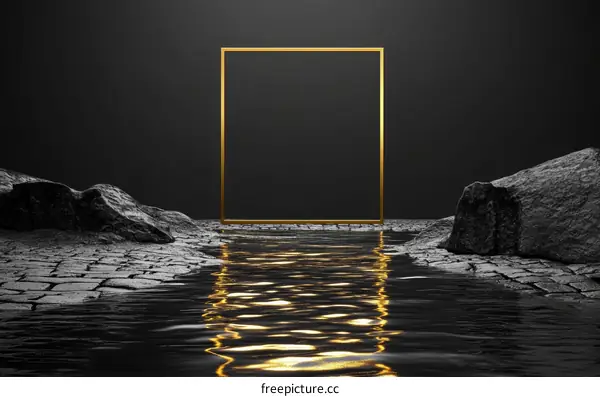 Modern Minimalist Geometric Golden Frame Background with Stones and Water