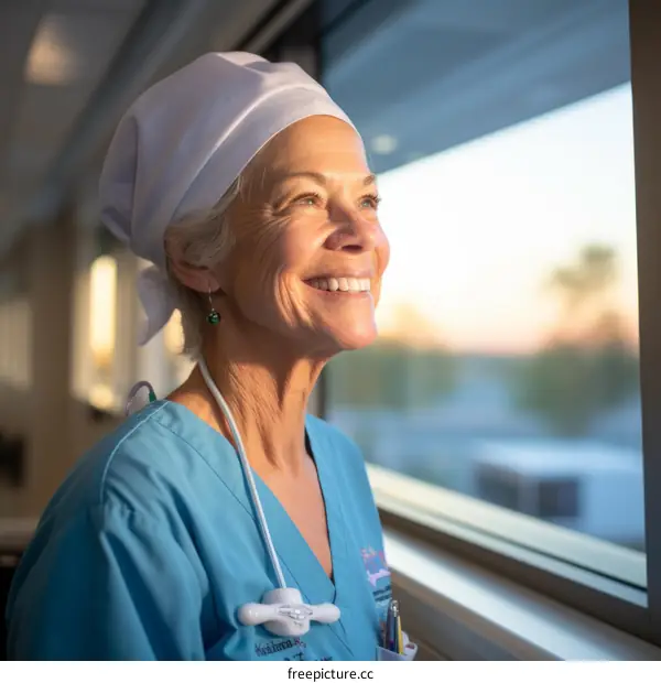 Happy female nurse looking out the window